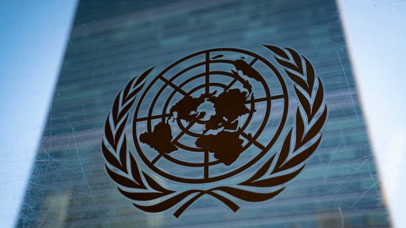 FILE - The symbol of the United Nations is displayed outside the Secretariat Building, Feb....