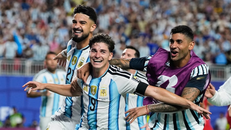 Argentina's Julian Alvarez (9) celebrates after scoring his side's second goal during the...
