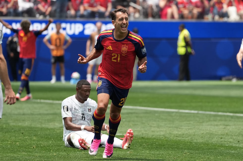 Spain's Mikel Oyarzabal (21) celebrates after scoring his side's opening goal during the World...