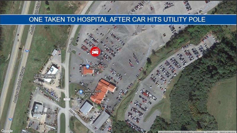 One person was taken to the hospital after a car hit a utility pole on Mountain State Auto...