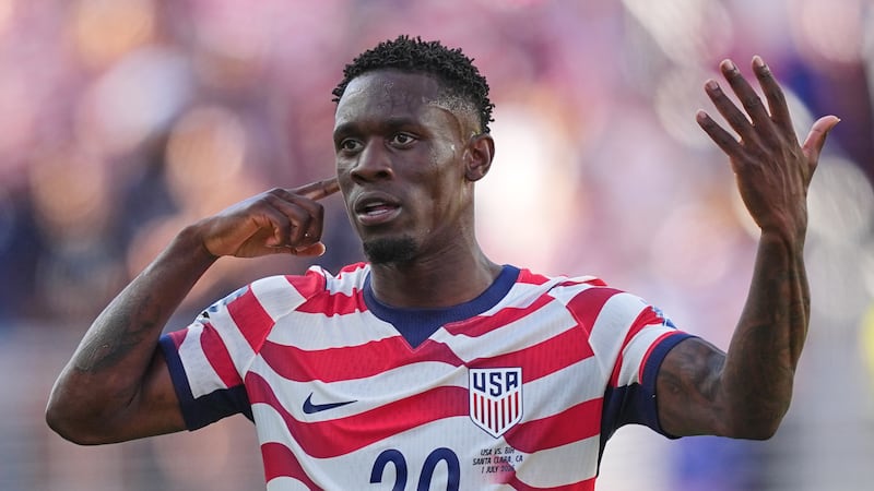 United States' Folarin Balogun (20) reacts after scoring his team's first goal during the...